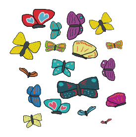 Butterflies design shows a variety of butterfly drawings in many colours and patterns. A graphic for butterfly fans and nature lovers celebrating the summer display of this favourite insect.