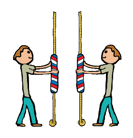 The art of bellringing - campanology - illustrated by male and female enthusiasts holding bell ropes ready to ring out the changes.  Fun hobby combines some physical and mental energy and makes a nice sound too.  Bright colours, bell ropes and a fun design for people who enjoy an hour or so of bell ringing.