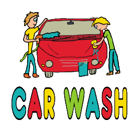 Car Washing design shows car cleaning by two expert car washers.  One uses a pressure hose to clean away grime and the other uses old-fashioned sponge, soapy water and hard work.