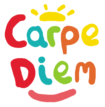 Carpe Diem, Seize The Day design shows hand drawn colorful lettering with the the sun rising above and a big smile below. Make the most of today!