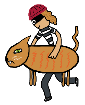 Funny Cat Burglar pun design shows a cat thief making off with a large cat.