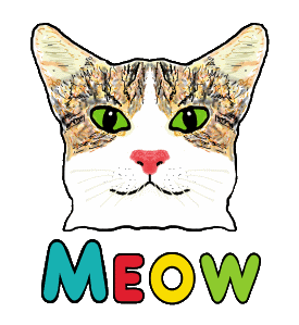 Cat Face Meow is a hand drawn graphic of a smiling cat face with the word 
