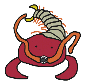 Centipede design features terrifying garden insect approaching the viewer with antennae, legs and teeth. For bug and creepy-crawly fans.