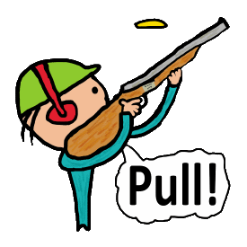 Clay Pigeon Shooting Puns design shows an expert marksman aiming in front of the fast moving clay pigeon with the word 