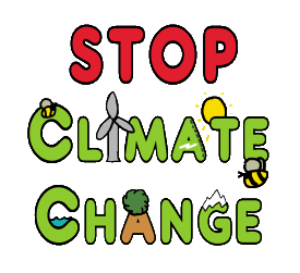 Stop Climate Change design is a fun way to get the message across. It has the message with a big red STOP and green letters beneath - plus climate change related graphics including wind power, solar power, water, ice peaks, a tree and bees.