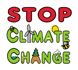 Stop Climate Change design is a fun way to get the message across. It has the message with a big red STOP and green letters beneath - plus climate change related graphics including wind power, solar power, water, ice peaks, a tree and bees.