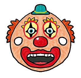 Clown Face features a hand drawn clown face design with features such as lips, nose, eyes, hair and hat.