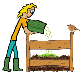 Composting design features a gardener adding grass cuttings to a growing compost heap. The traditional compost pile is made from a simple wood enclosure with rich soil and a bird watching the gardener with interest. Green, ecological and all that good organic stuff.