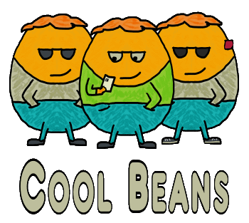 A fun design showing three cool beans facing the viewer in various states of bean cool.