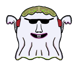 Cool Ghost wears shades and headphones and waves scary arms with a smile.