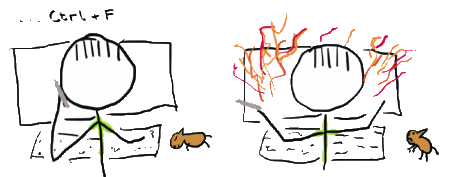 Simpel two panel comic strip - computer screen catches on fire as a result of typing Ctrl F.