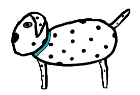 Dalmatian design features simple stick style graphic of a dalmatian breed standing proudly. Tail, legs, red collar and the essential spots are included.