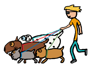 Dog walking design shows dog walker walking four different dogs. A popular activity for dog owners and a cool job for dog lovers for extra pocket money, exercise and some doggy time!