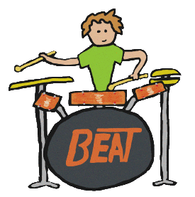 Stick figure drummer and drum kit illustration.