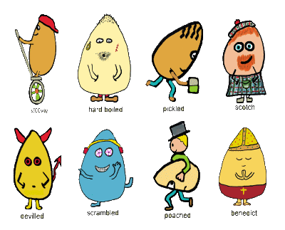 Egg Puns design features hand drawn funny eggs using the humor in the type of egg name to create an appropriate cartoon style image.  For people who like eggs and puns.