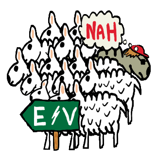 Anti EV shows sheep following the EV sign while our hero goes the other way.  For those not buying the Electric Vehicle evangelism.