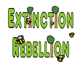 Extinction Rebellion Trees and Bees is a fun climate change graphic showing green lettering with Trees made out of the i's and a few bees randomly flying around. A plea for planet saving with a little humor.