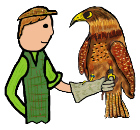 Falconry design shows a keen falconer holding his bird of prey which observes him closely. 