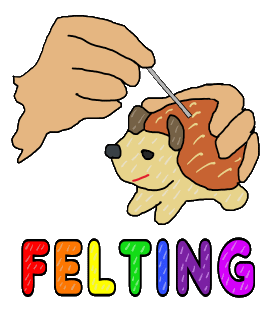 Felting design shows a pair of felter hands crafting a felt hedgehog with the word 