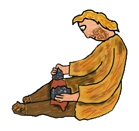 Flint Knapping graphic shows a Stone Age man making flint tools. By chipping away at a piece of flint he forms a sharp edge for a cutting blade or axe and and a comfortable grip for hands or fingers. Design for enthusiasts of the ancient tool making art known as flint knapping.
