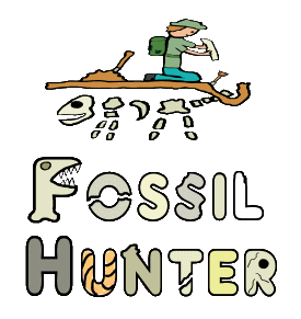 Fossil Hunter graphic shows a keen collector examining part of a fossil with the remains still buried below ground. Below are the words 