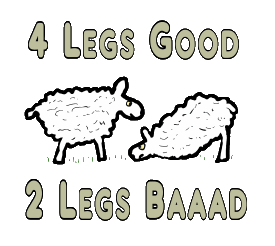 Sheep cartoon - one sheep with four legs, one with two - caption 