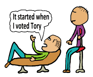Funny Anti Tory design shows a patient explaining to therapist how all their problems started when they voted Tory.  Humorous anti Tory message.