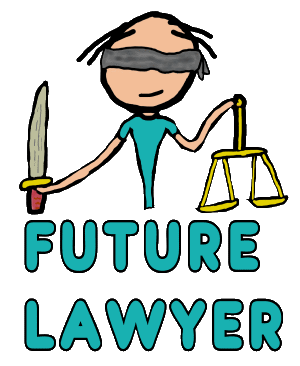 Future Lawyer design features a stickman scales of justice above the words 