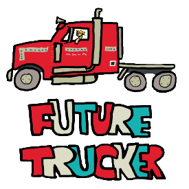 Future Trucker design features a hand drawn truck with driver and details above large graphic saying 