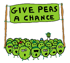 Some peas with a placard saying 