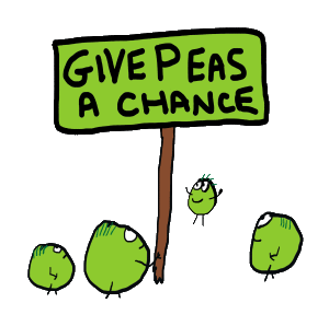Some peas with a placard saying 