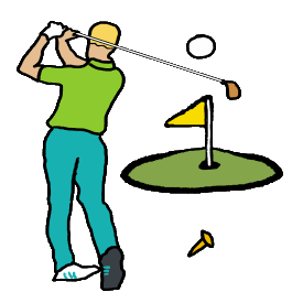 Golfing design shows a golfer teeing off and driving the ball hundreds of yards towards the distant green. Image shows golfer at end of shot with golf club high behind him, held with hands and body in the final driving position. The ball has left the tee and is on its way to a hole in one. Maybe.
