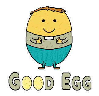 Good Egg features an egg wearing a dog-collar and giving thumbs up. This egg really is a good egg as indicated by the words below with egg-shaped O's. For good eggs!