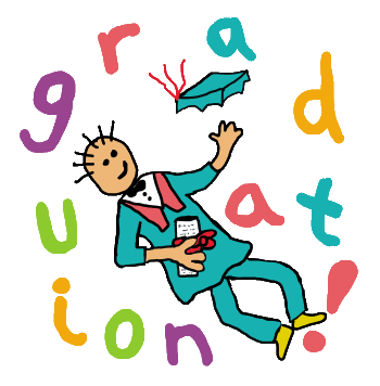 Graduate leaps in the air, throws mortar board, clutches diploma