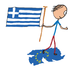 Grexit image - Greek flag being carried over torn EU flag laying on ground