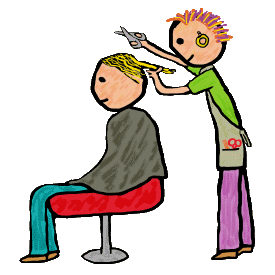 Hair Stylist design shows a hairdresser holding the customer's hair while cutting with scissors in the other hand. The customer sits on red adjustable chair, covered with a protective sheet. The hairdresser has a spiky orange haircut which may be what the customer is getting! For hair salon and barber shop fans.