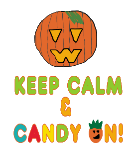 Keep Calm Halloween Candy design is a pun on the Carry On theme. A Halloween Pumpkin with face and the Candy On message below makes for a fun themed graphic for All Hallows Eve and trick or treating.