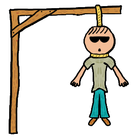 Hangman shows a stickman hanging from a wooden scaffold or gallows.  Fun graphic celebrating the game of hangman or for possibly darker thoughts.