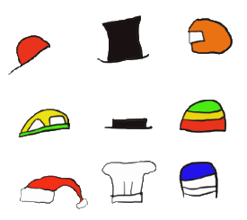 Nine different colourful stick figure style hats