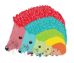 Hedgehogs design features five hedgehogs in various colors and sizes. For hedgehog fans!