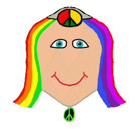 Rainbow haired hippy smile - wearing CND logo hat and brooch. Colorful, friendly, easy going and fun image giving a message of love and peace with a smile.