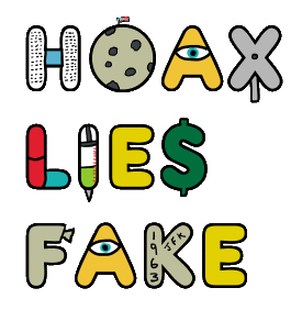 Hoax Lies Fake includes a number of 'conspiracy' theories in the design. Created in frustration about the lies and propaganda we are fed with graphics for the two towers, moon landings, illuminati pyramids, wind power, red pill, dollar sign, CCTV and JFK 1963.