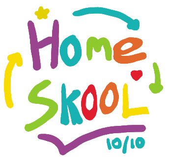 Homeschool design features the words with humorous SKOOL spelling plus fun extras like a star, arrows, a big tick, a heart and 10 out of 10.  For a positive homeschooling message.
