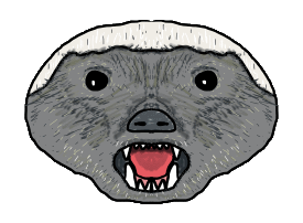 Honey Badger design shows a hand drawn honey badger face with teeth bared and plenty of attitude.  Cool graphic for fans of this fantastic creature.  Be more honey badger!
