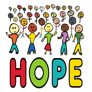Hope design features  a large group of different people with a single message of HOPE.  Whether it is Hope for a New Year or a New World this is a simple and fun statement of positivity.