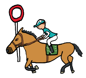 Horse racing design shows horse and jockey winning a race - first past the post.