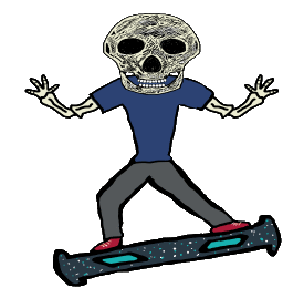 Hoverboard Skeleton shows a cool hoverboarding skeleton riding a board with style.