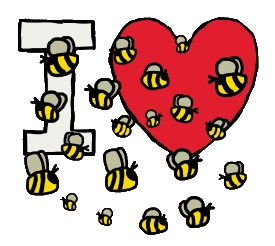 I Love Bees design shows a swarm of bees buzzing around in front of an I Love symbol. A fun graphic for bee fans and beekeepers.