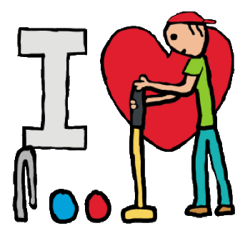I Love Croquet design features hoop, balls and mallet and a croquet playing expert, with an I Love heart symbol in the background.