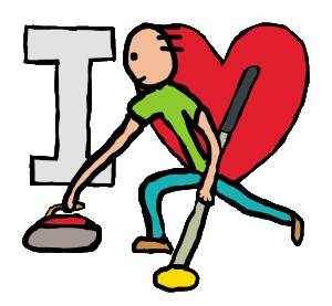 I Love Curling design shows curler releasing the granite slide stone - sending it on the way to the target area in this winter sport game of curling. Holds broom in other hand. All in front of an I Love heart symbol making a fun cool graphic for curling fans and players.